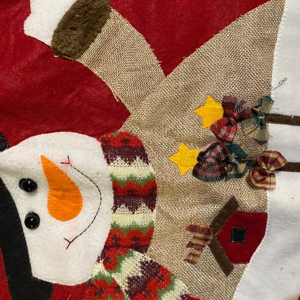 Vintage Christmas Red Tree‎ Skirt Green Plaid Trim Snowman Patchwork Felt 40